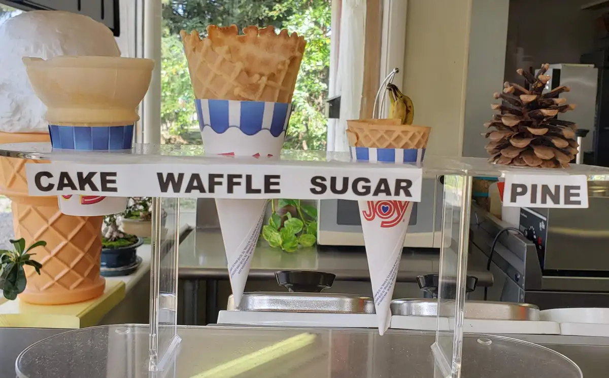 An ice cream shop display features waffle cones labeled 'CAKE', 'WAFLE', and 'SUGAR', with a pinecone labeled 'PINE' on the…