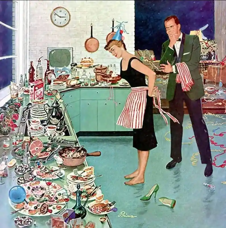 A vintage 1950s illustration shows a woman in a party hat and striped apron standing in a kitchen covered in spilled food…