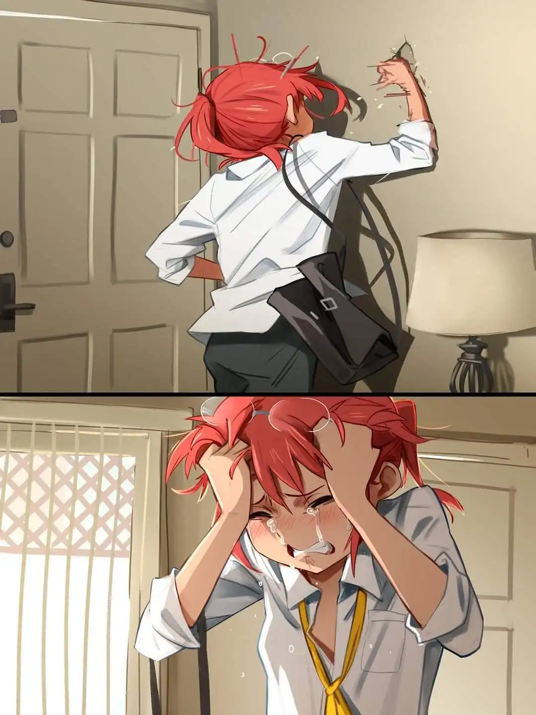 An anime girl with red hair is shown in two panels: top panel shows her angrily punching a wall, and bottom panel shows her…
