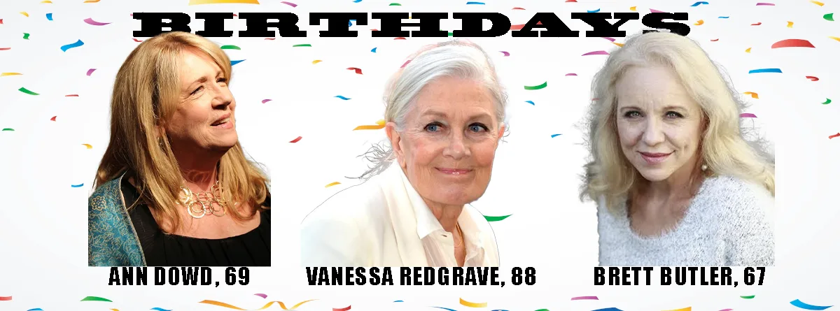 A celebratory image with confetti background and three headshots of women: Ann Dowd (69), Vanessa Redgrave (88), and Brett…