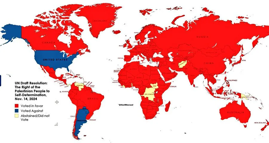 A world map shows voting results for a UN draft resolution on Palestinian self-determination, with most countries colored…