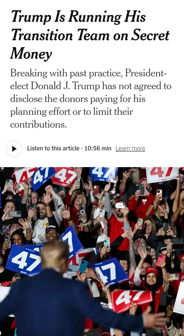 An image of Donald Trump at a rally, seen from behind, waving to a crowd holding '47 2024' signs. Above the photo is a news…