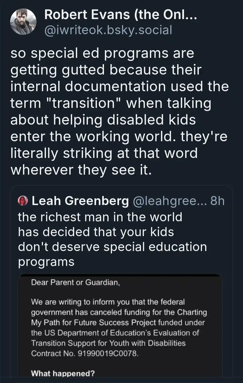 A screenshot of a social media thread where Robert Evans explains that special education programs are being cut because…
