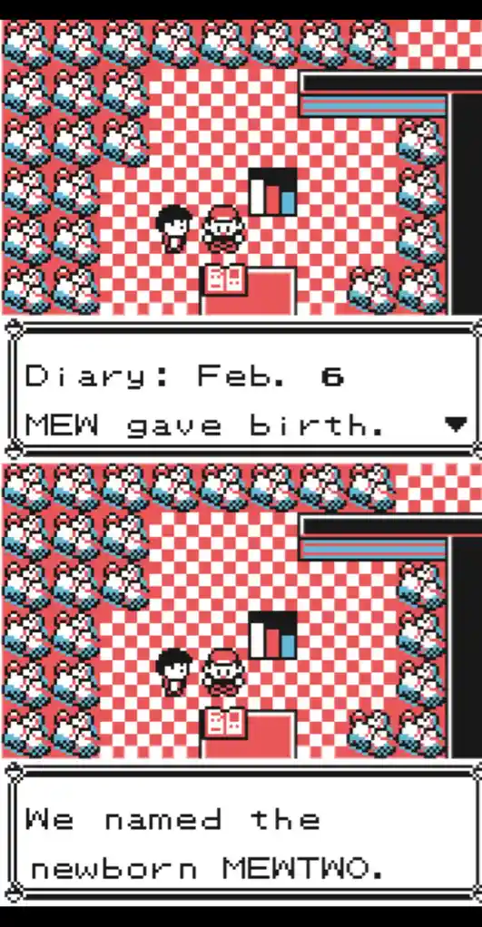A pixelated Pokémon game scene shows two characters in a room with red and white checkered walls and numerous Mew sprites…