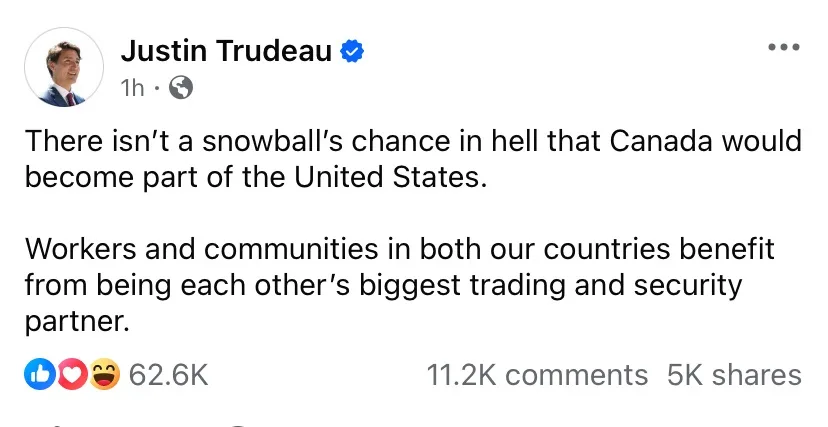 A screenshot of a Facebook post by Justin Trudeau, showing his profile picture and a verified blue checkmark. The post text…