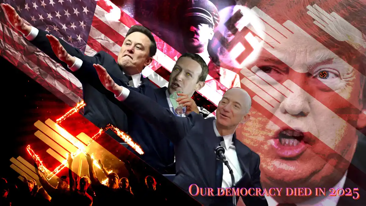 A collage image features Elon Musk, Mark Zuckerberg, and Jeff Bezos superimposed over an American flag, Nazi imagery, and a…
