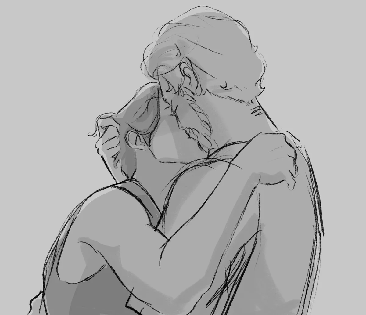 A grayscale sketch depicts two people in a close, affectionate embrace, with one person's head resting on the other's…