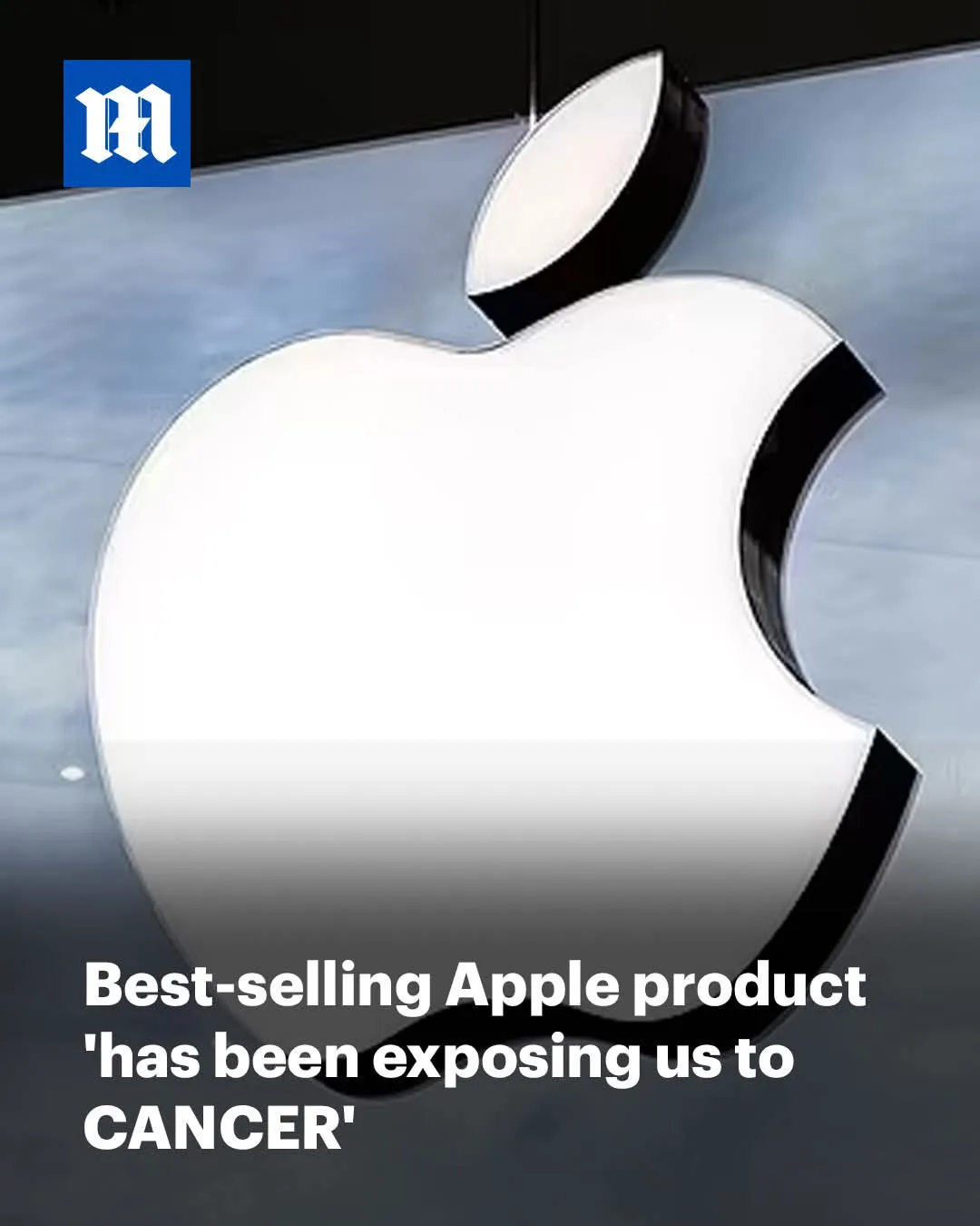 A large, glossy white Apple logo is shown against a dark background, with a blue 'M' logo in the top left corner. White text…