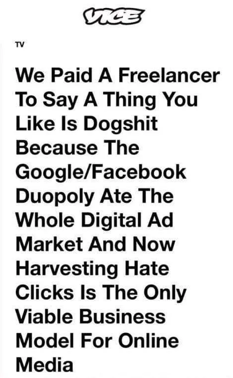 A white background image displays black text from VICE TV, stating that they paid a freelancer to call something 'dogshit'…