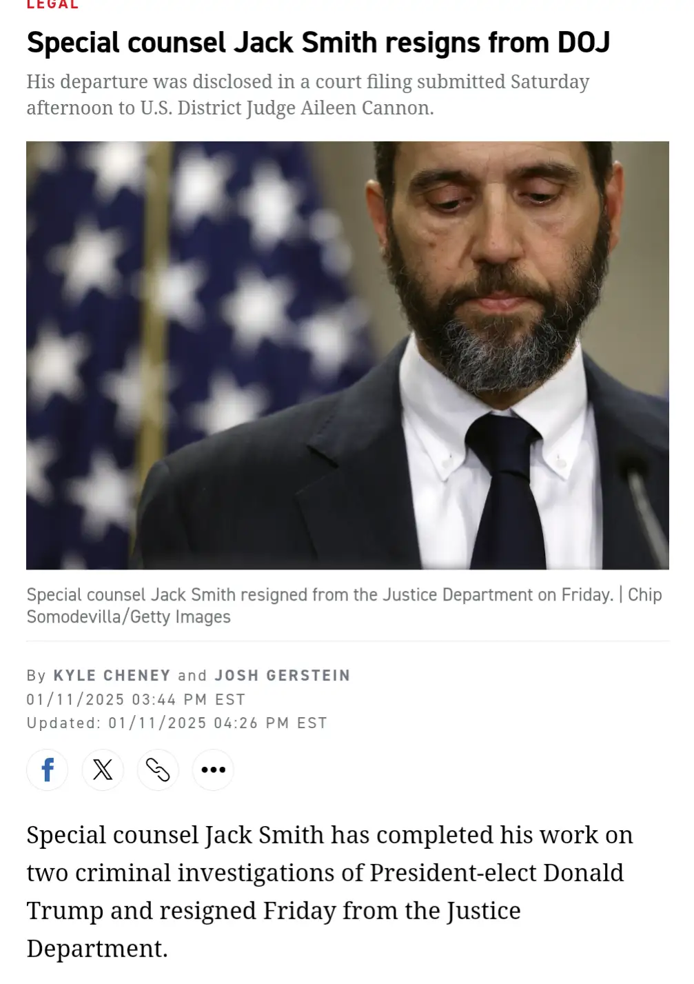 A screenshot of a news article about Special Counsel Jack Smith resigning from the DOJ, featuring a photo of him looking…