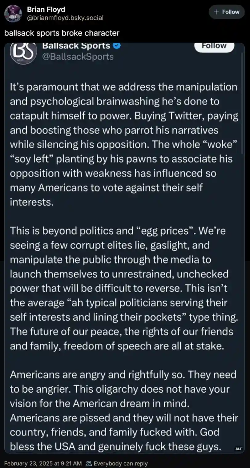 A screenshot of a tweet from 'Ballsack Sports' criticizing political manipulation and media control, overlaid with the text…