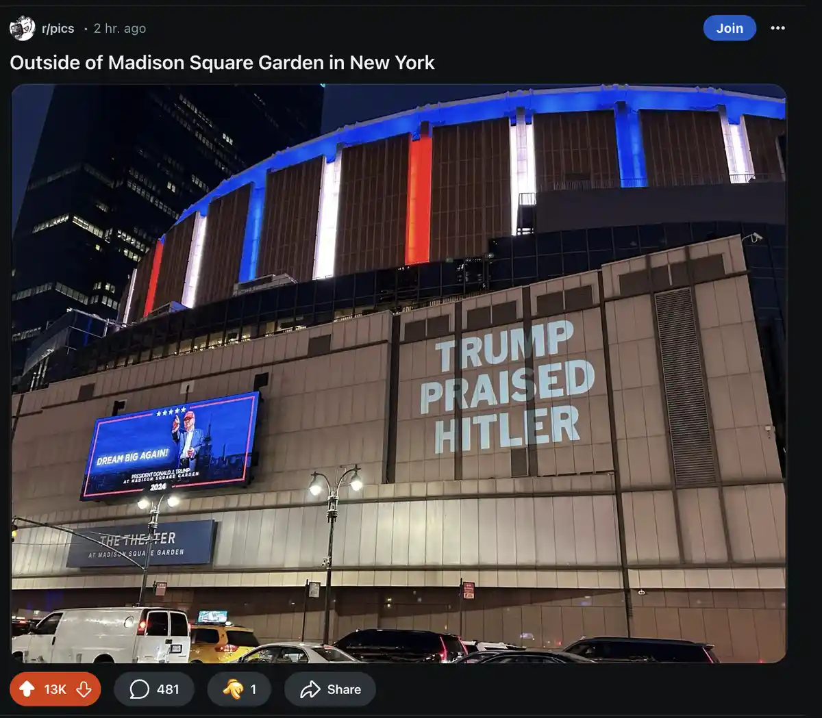 A nighttime photo of Madison Square Garden in New York, where a large projection on the building's facade reads 'TRUMP…