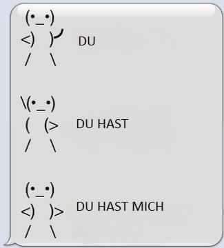 A text bubble shows three stick figures with simple facial expressions and poses, each accompanied by German text: 'du', 'du…