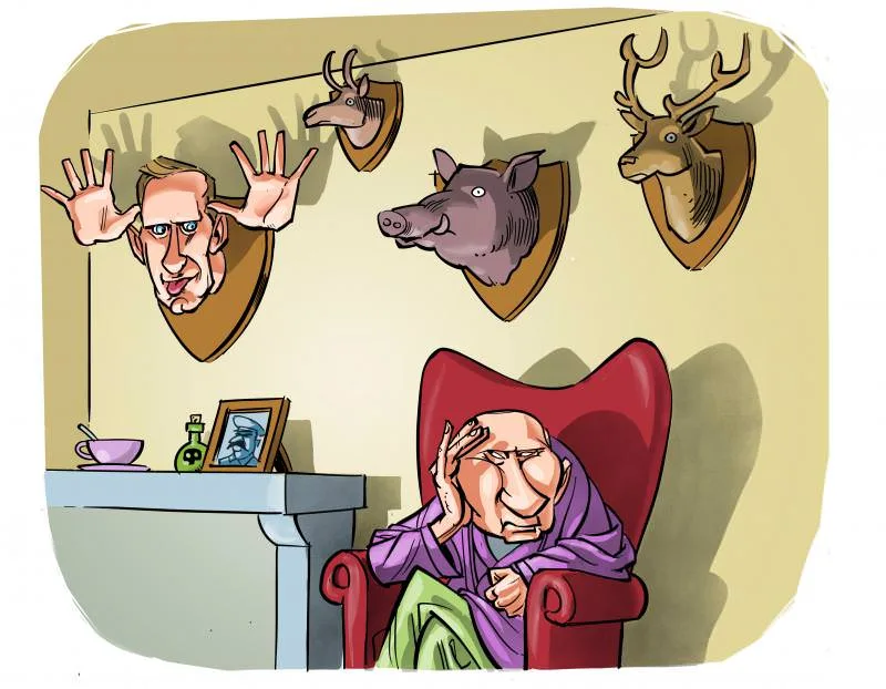 A cartoon elderly woman in a red armchair looks distressed, holding her head, while a mounted head of Vladimir Putin with…