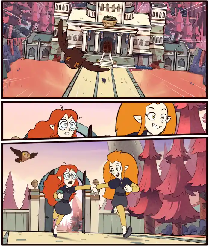 A three-panel comic strip from 'The Owl House' shows a bird flying toward a grand castle, then two girls reacting with…