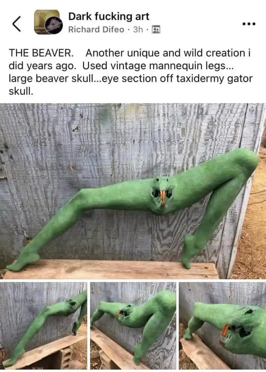 A green, humanoid sculpture with a beaver skull for a head and gator eye sockets, posed in a split-legged stance on a wooden…