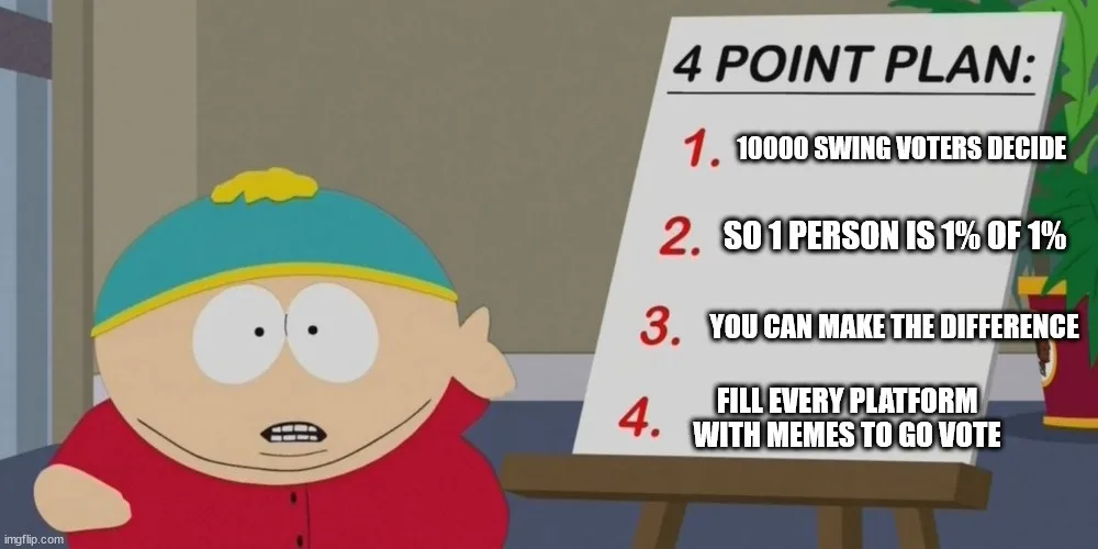 Cartoon character Eric Cartman from South Park stands beside a whiteboard titled '4 POINT PLAN' listing steps about swing…