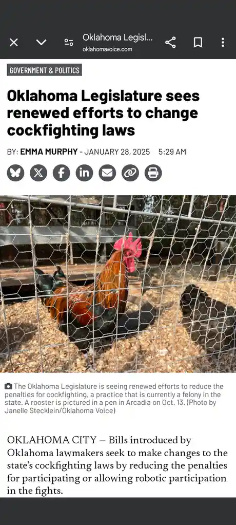 A screenshot of a news article from oklahomavoice.com with the headline 'Oklahoma Legislature sees renewed efforts to change…