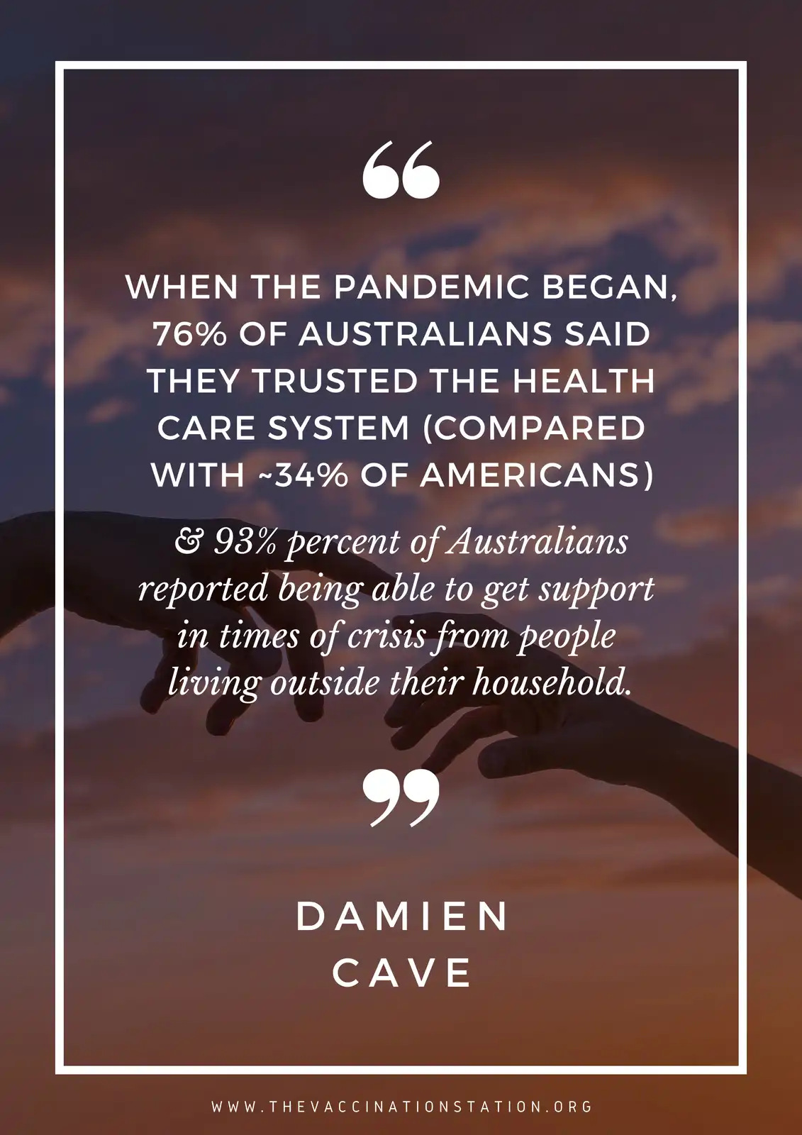 The image shows two hands reaching toward each other against a sunset sky, overlaid with a quote attributed to Damien Cave…