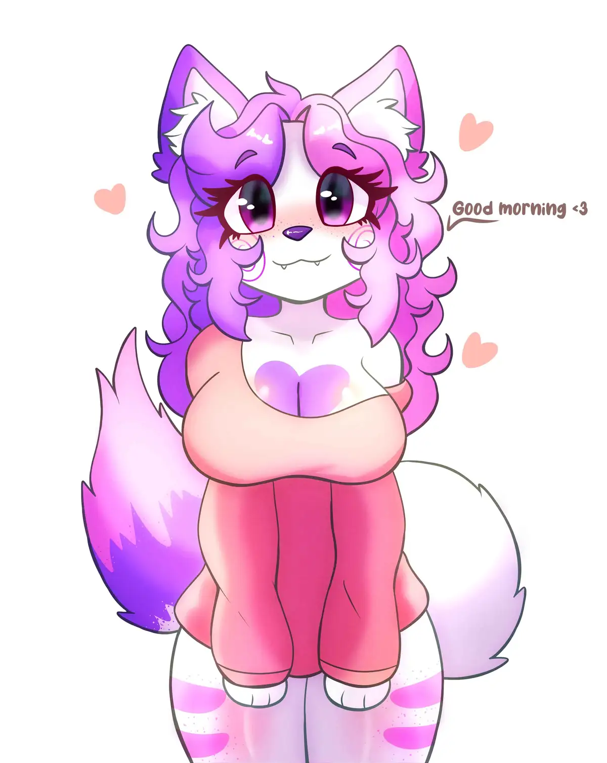 A cartoon-style anthropomorphic fox with purple and pink curly hair, large expressive eyes, and a gentle smile stands with…