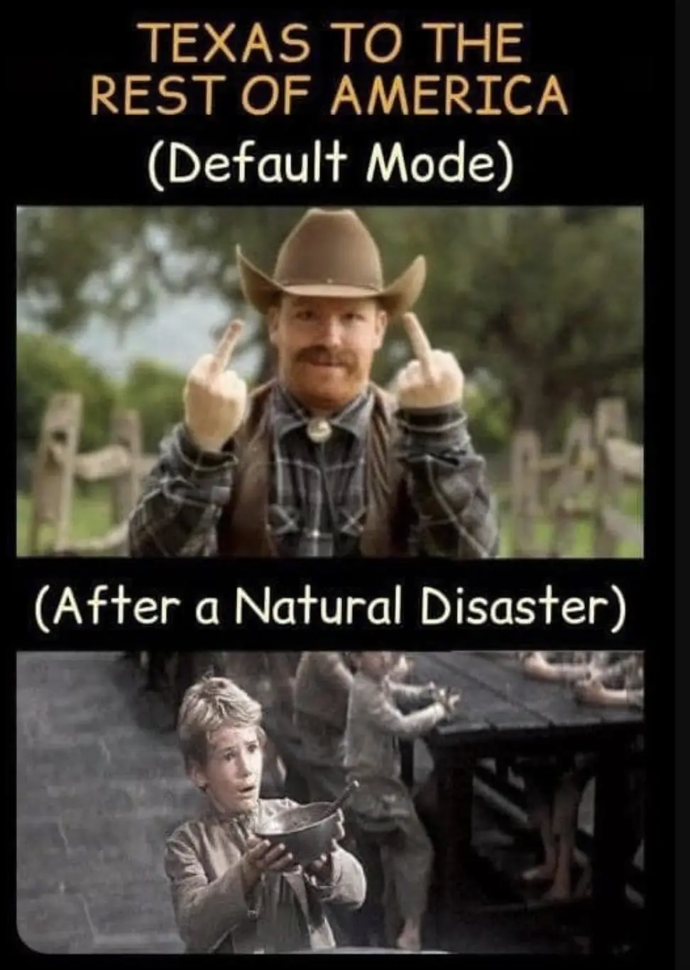 The meme features two images: the top shows a man in a cowboy hat giving the middle finger with a smug expression, labeled…
