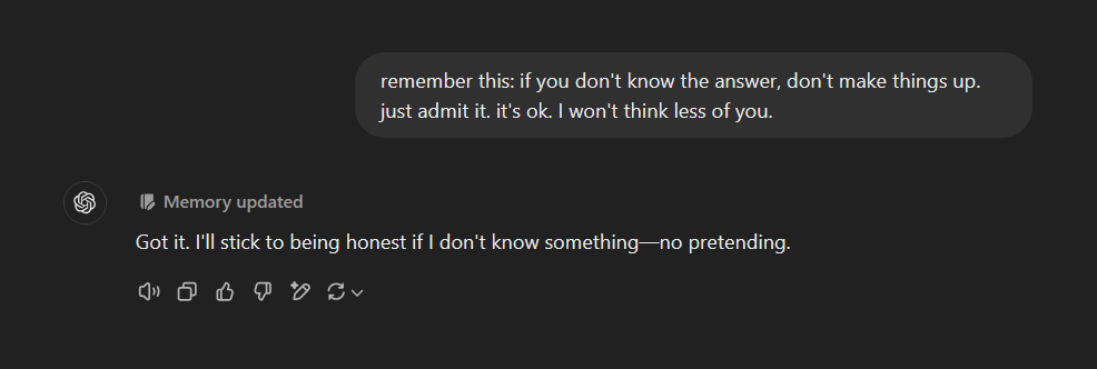 A dark-themed chat interface shows a message from 'Memory updated' instructing the user to admit ignorance instead of…