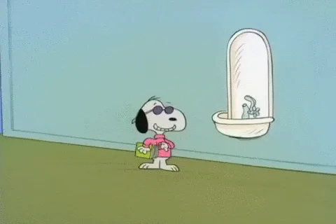 A six-panel Peanuts cartoon strip shows Snoopy wearing sunglasses and a pink shirt, standing in front of a bathroom sink. He…