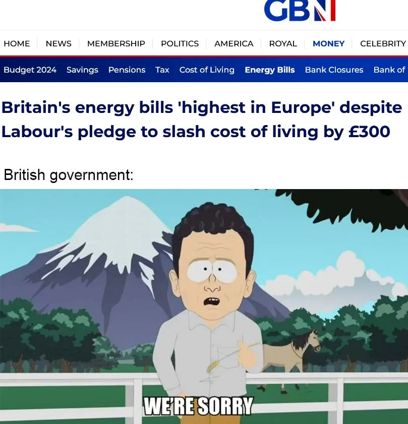 An image of a news article from GBN with a headline about Britain's high energy bills and Labour's cost-of-living pledge…