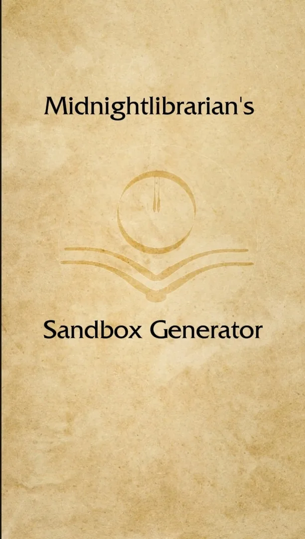 The image displays a beige parchment-style background with the text 'Midnightlibrarian's' at the top and 'Sandbox Generator'…