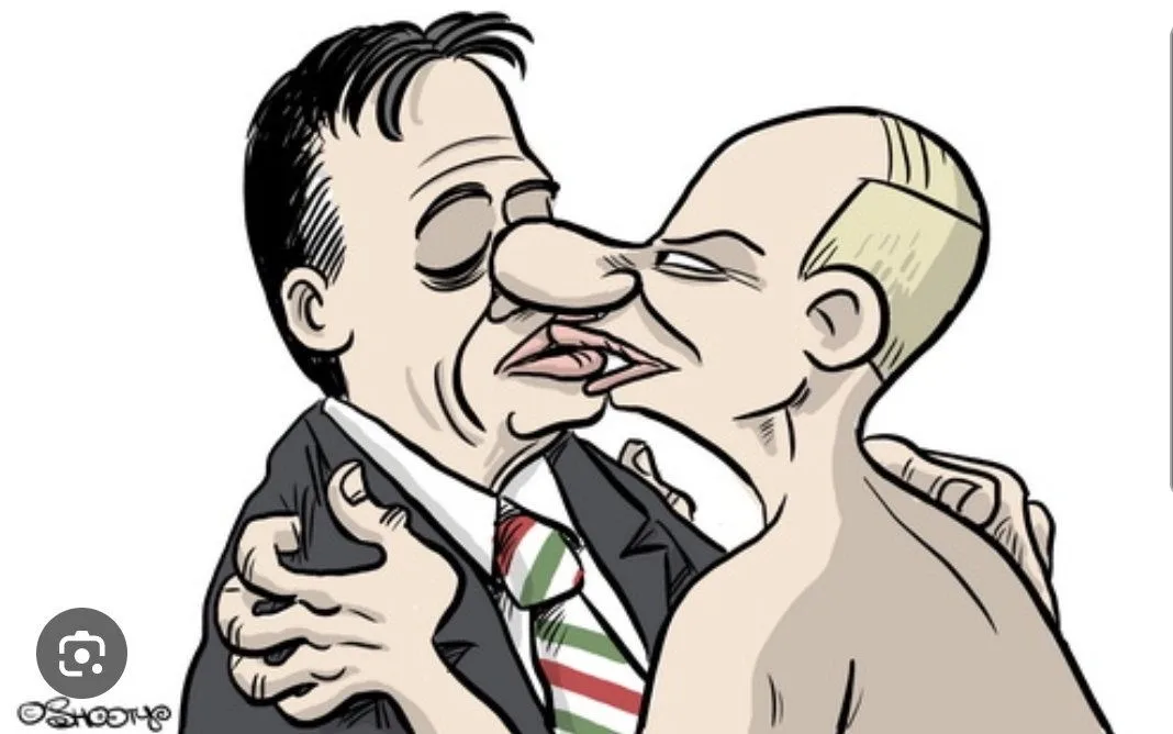 A cartoon depicts two men in a close embrace. The man on the left, wearing a suit and striped tie, has his eyes closed and a…