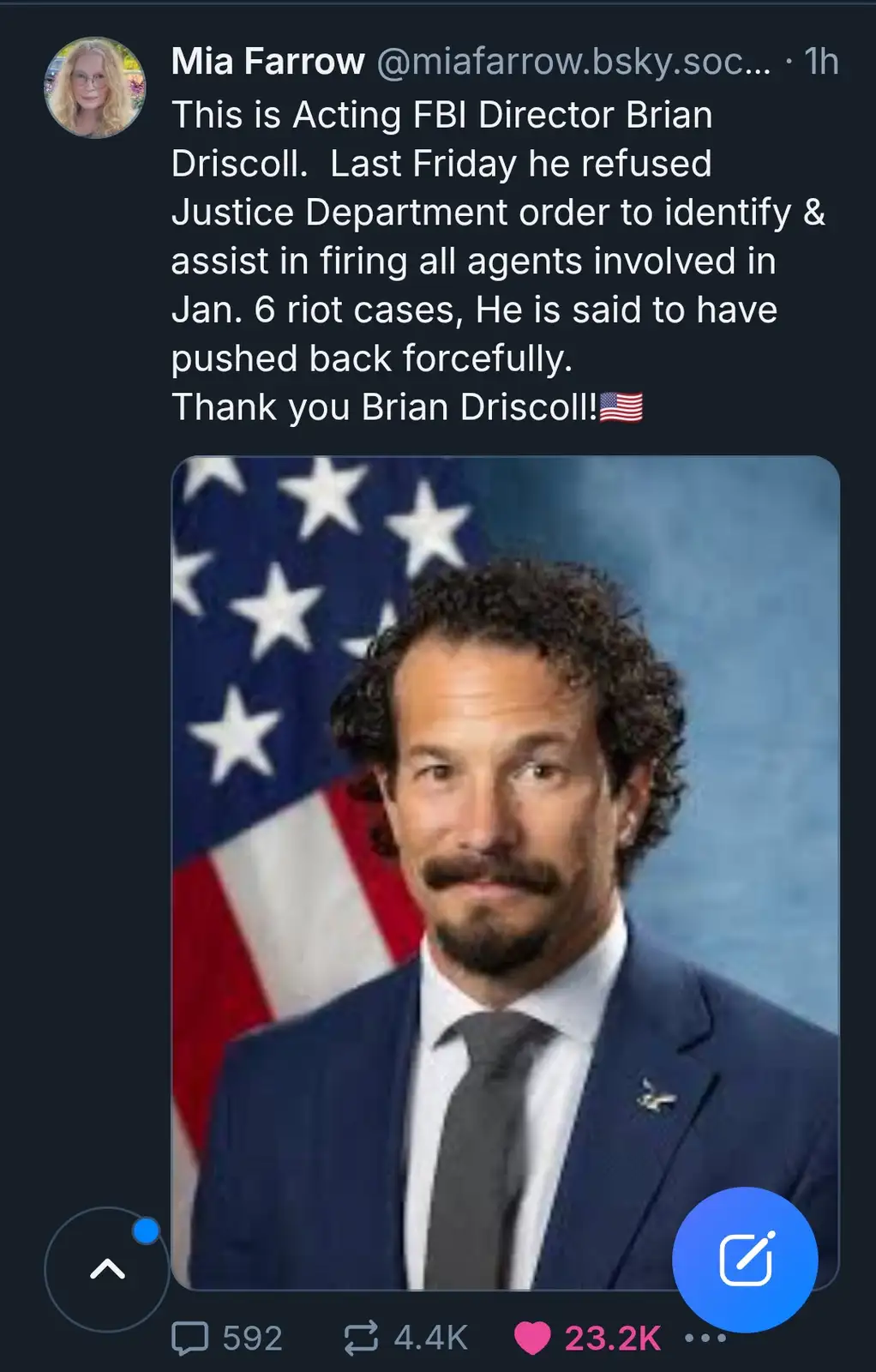 A formal portrait of Brian Driscoll, Acting FBI Director, wearing a dark suit and tie, standing in front of an American…