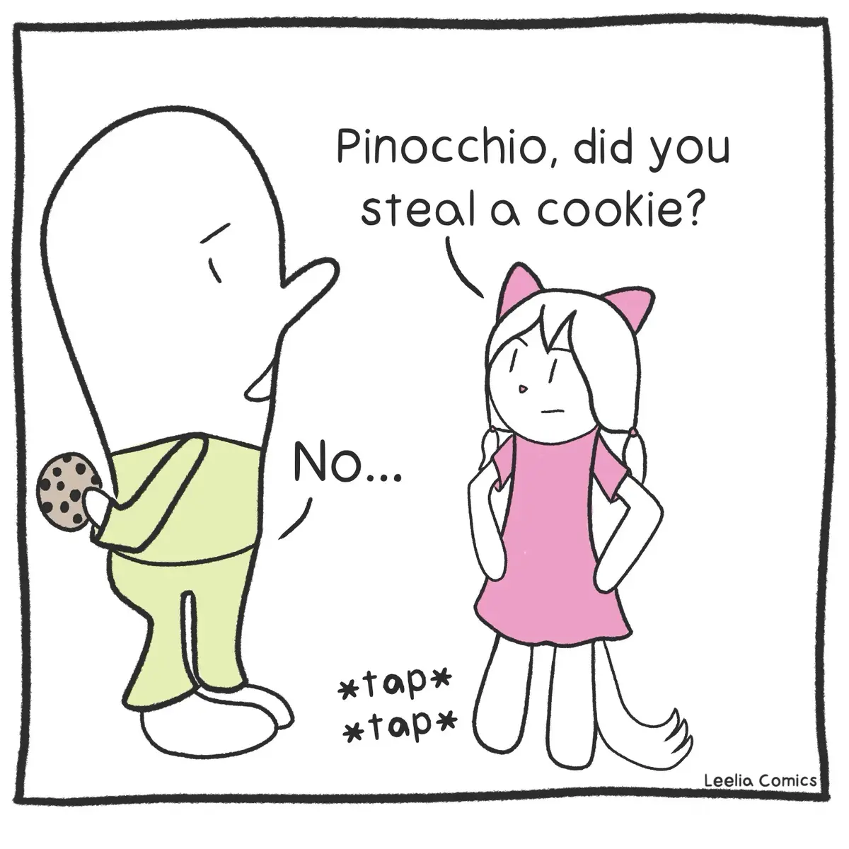 A cartoon drawing shows a tall, thin man in green pajamas holding a chocolate chip cookie while asking a girl with cat ears…