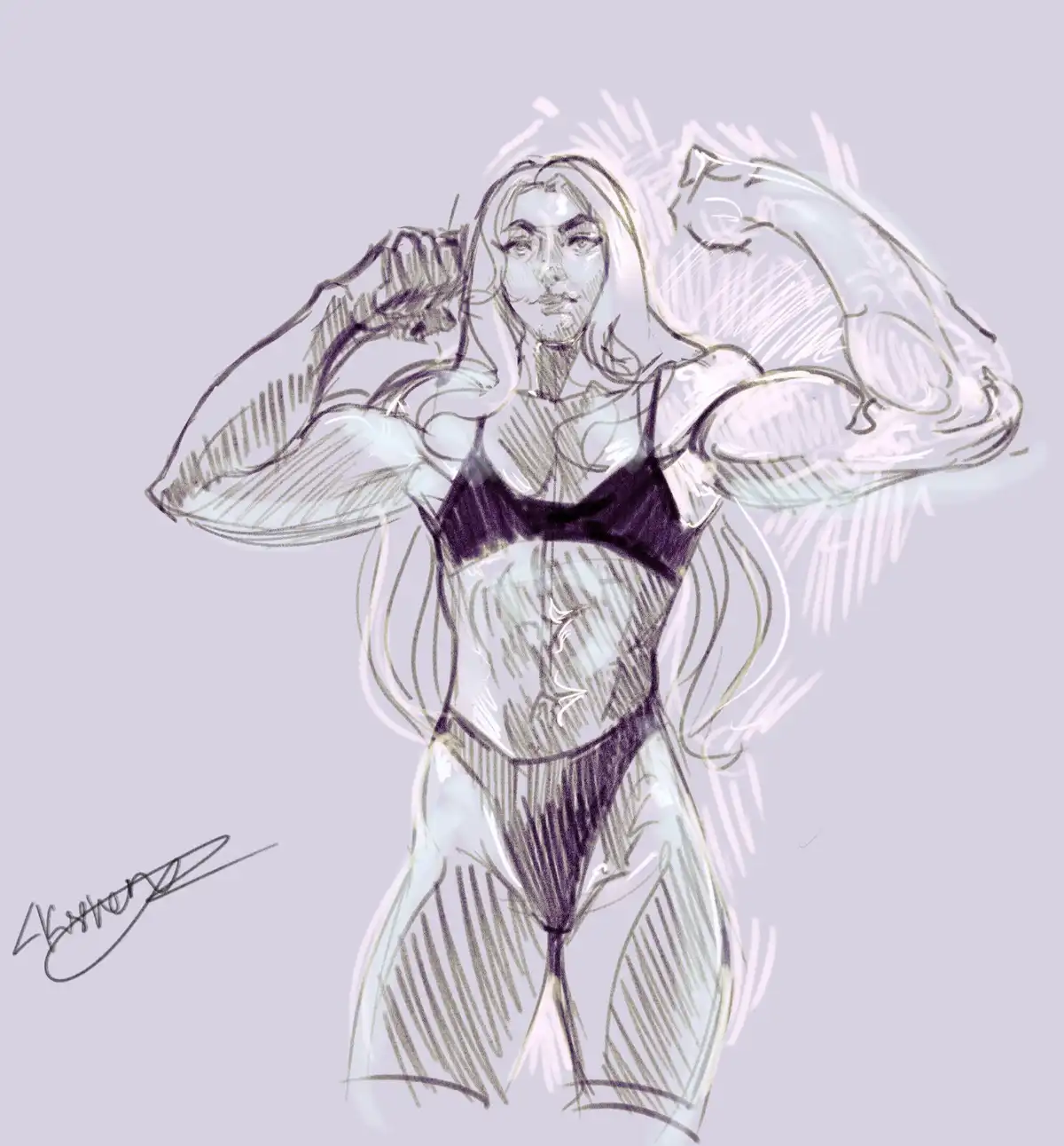 A sketch-style drawing of a muscular woman flexing both arms, wearing a black sports bra and shorts, with a confident…
