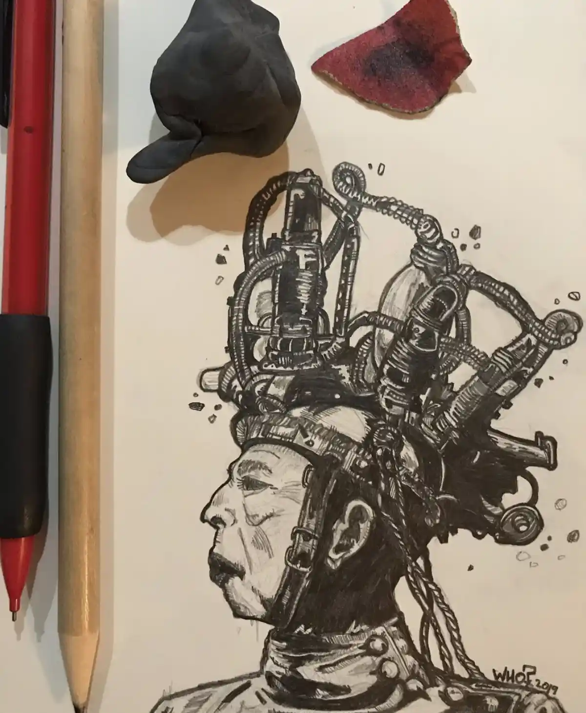 A black-and-white pencil drawing shows a man's profile with intricate mechanical gear, pipes, and wires emerging from his…