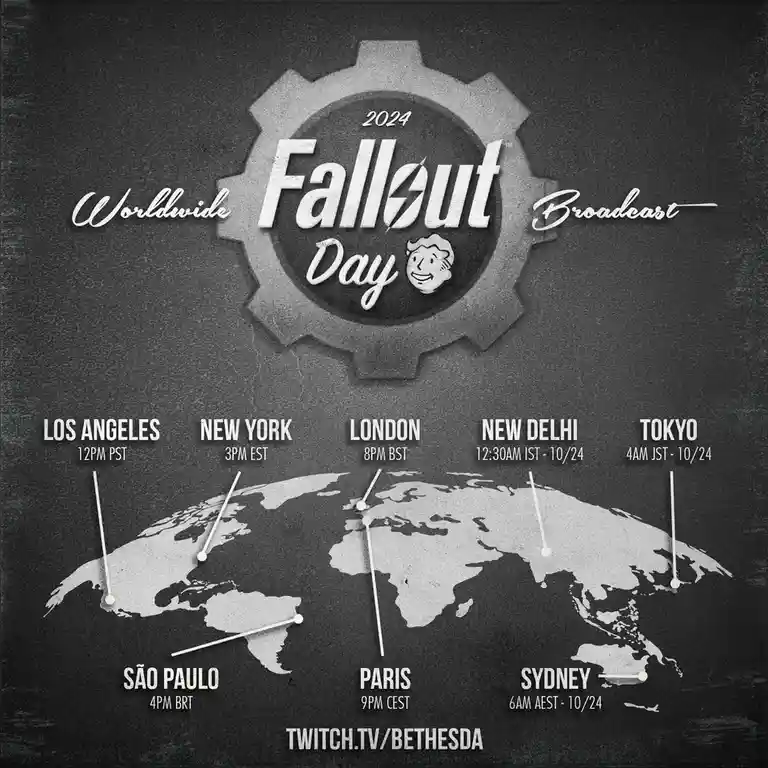 A black-and-white promotional graphic for the 2024 Fallout Day Worldwide Broadcast, featuring a stylized gear logo with the…