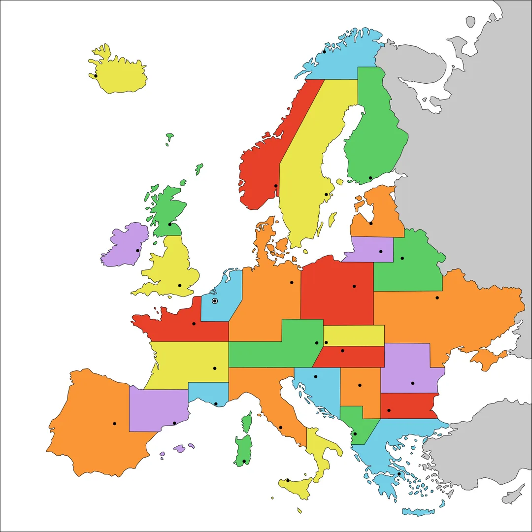 A colorful map of Europe with countries divided into irregular, non-standard shapes and colored blocks, each marked with a…