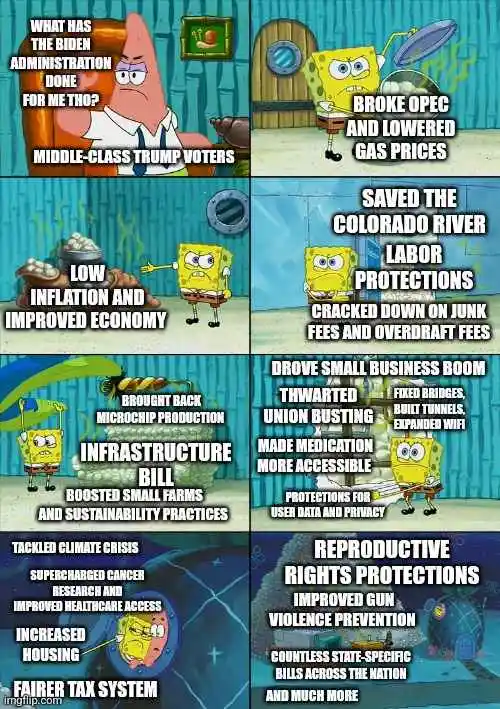A six-panel SpongeBob SquarePants meme where Patrick Star asks 'WHAT HAS THE BIDEN ADMINISTRATION DONE FOR ME TRO?' and…