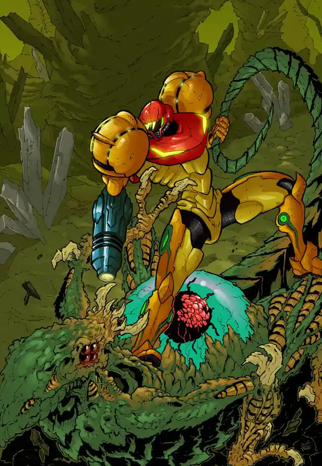 Samus Aran in her iconic red and gold Power Suit is shown standing triumphantly on a defeated, green, multi-limbed alien…