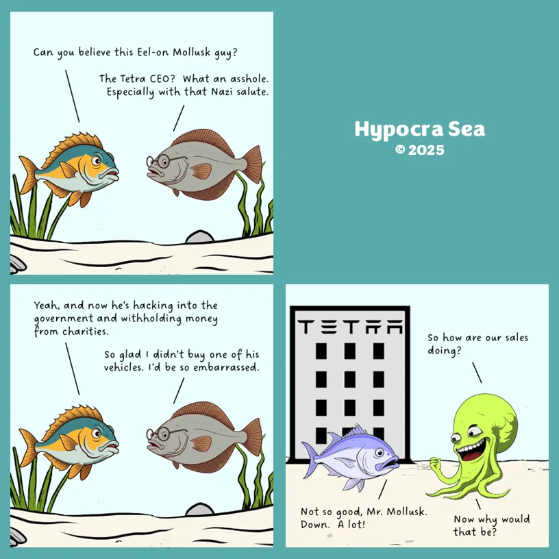 A four-panel comic strip featuring cartoon fish and an octopus discussing a CEO named 'Eel-on Mollusk' of a company called…