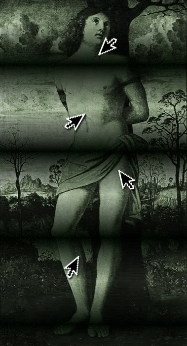 The image displays a classical painting of a nude male figure standing under a tree, with arrows pointing to various body…