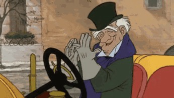 An older man with white hair, wearing a top hat and gloves, is seated in a vintage car, gripping the steering wheel with…