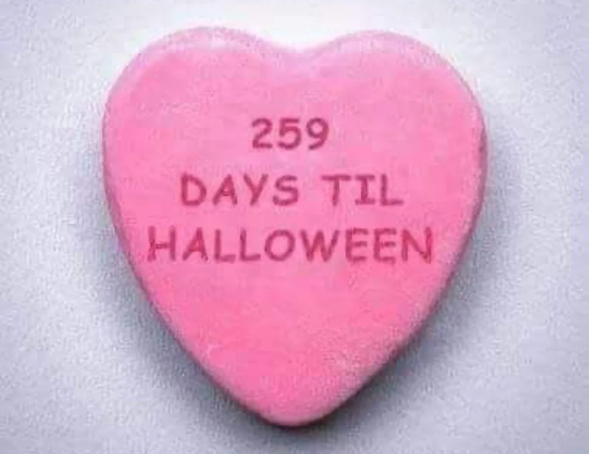 A pink, heart-shaped candy with embossed text reading '259 DAYS TIL HALLOWEEN' on a plain white background. The candy is a…