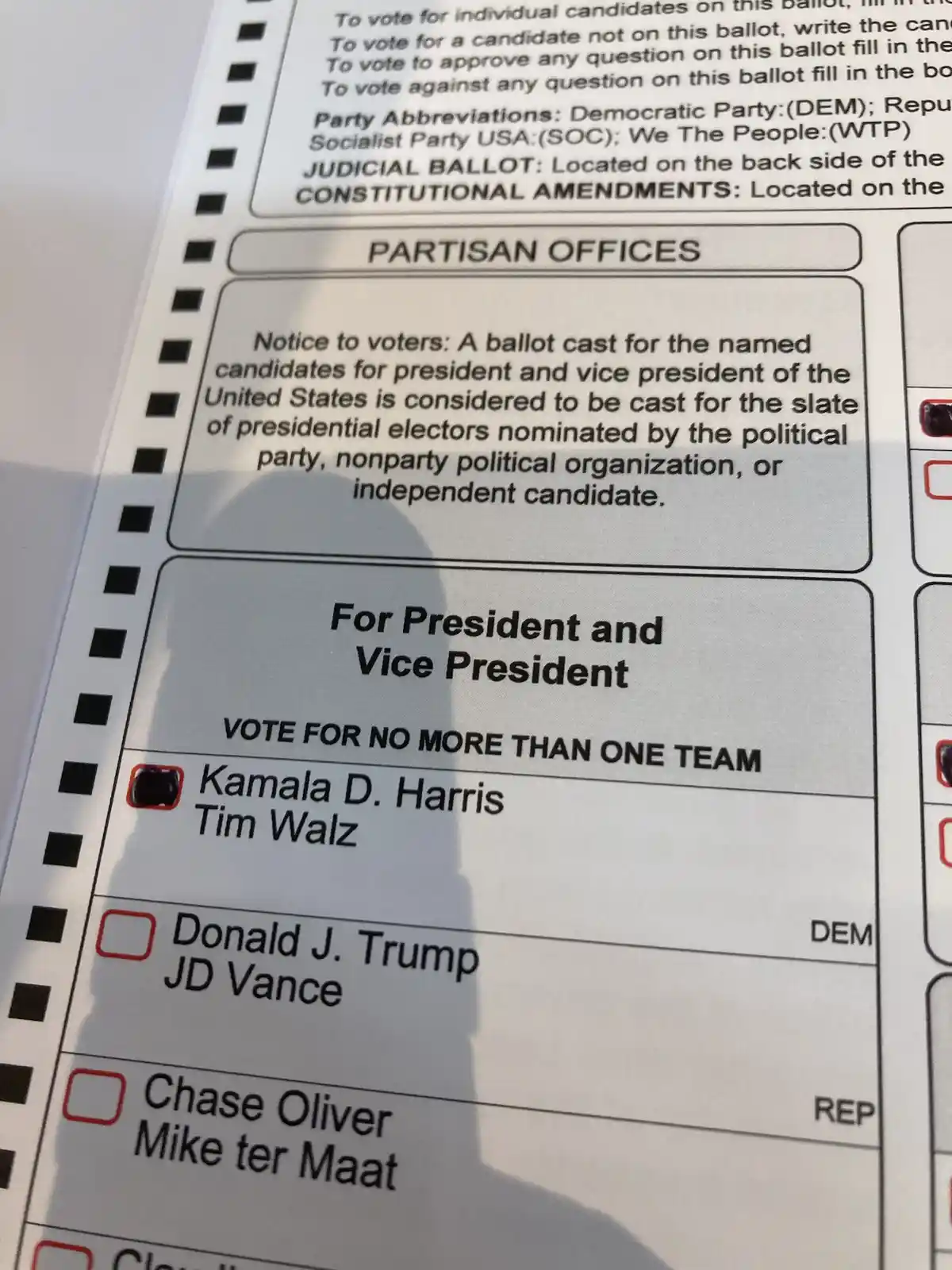 A close-up of a U.S. presidential ballot showing the 'For President and Vice President' section. The ballot instructs voters…