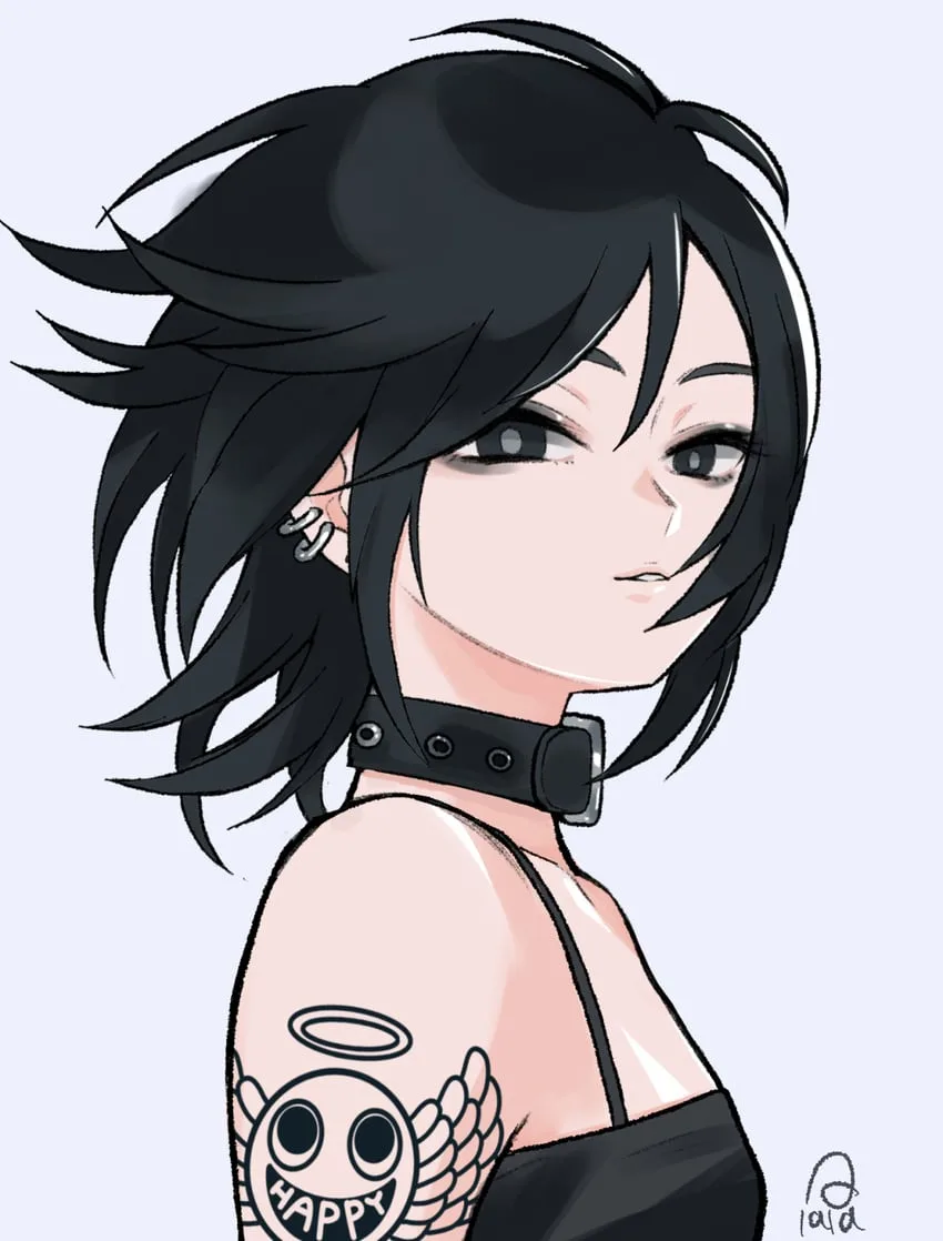 An anime-style illustration of a young woman with short black hair, wearing a black choker and a black top, looking over her…