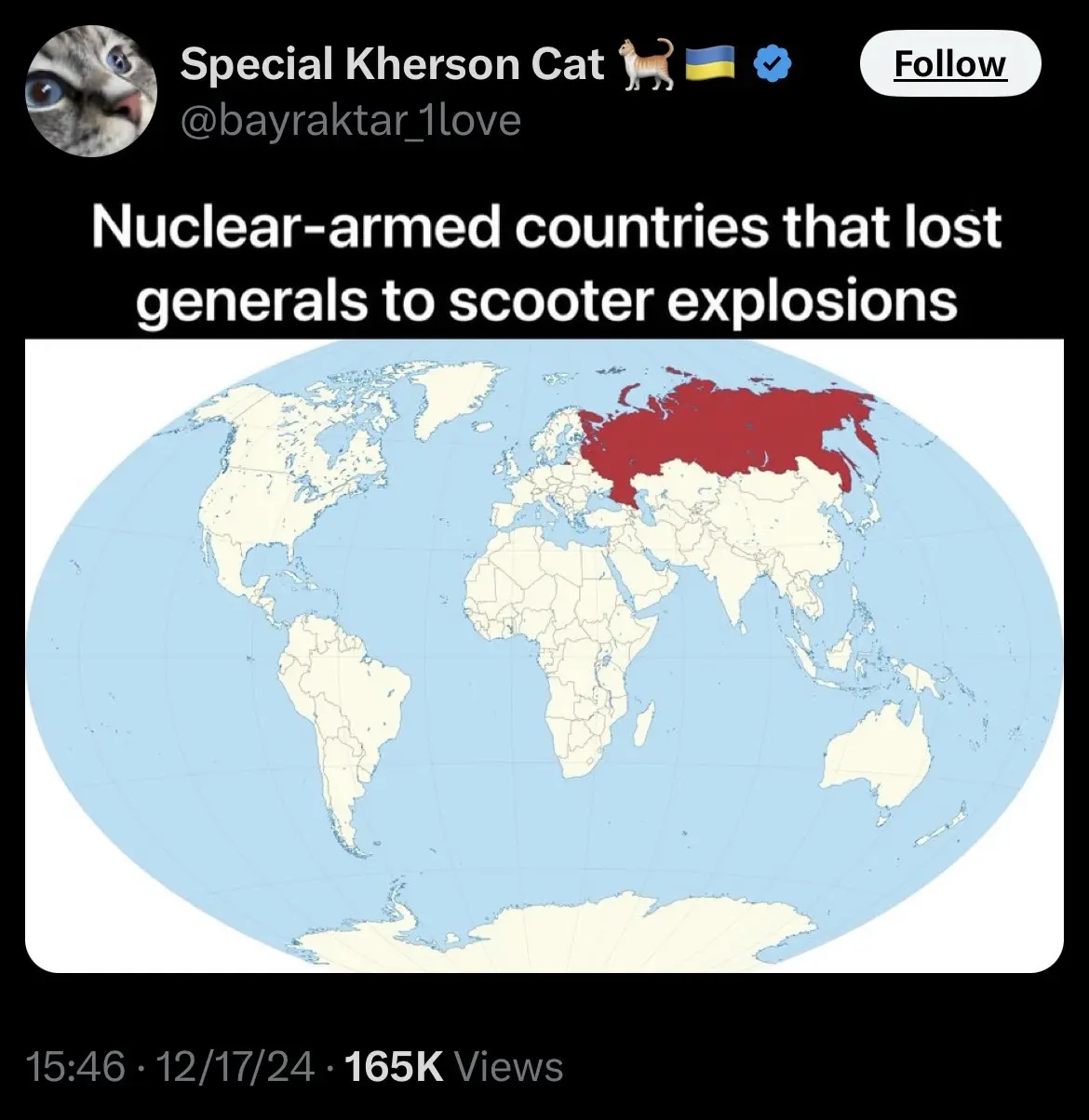 A world map with Russia highlighted in red, overlaid with the text 'Nuclear-armed countries that lost generals to scooter…