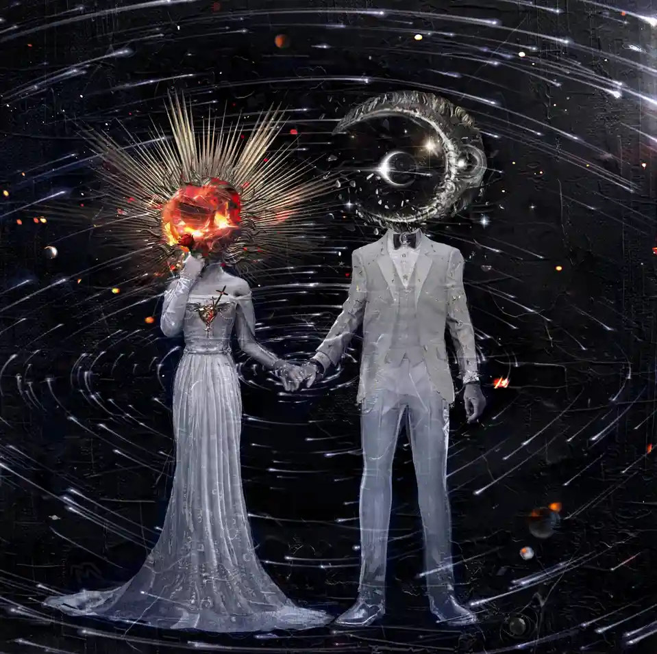 Two figures in wedding attire hold hands against a cosmic background with swirling lines and floating orbs. The woman wears…