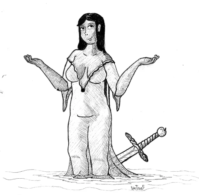 A black-and-white sketch shows a woman standing in shallow water with her arms outstretched, wearing a simple garment. A…