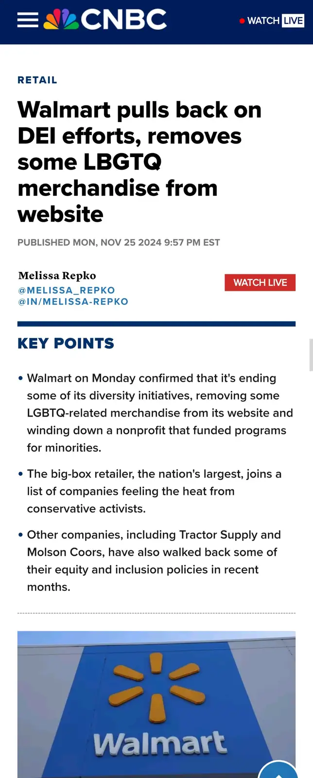 A screenshot of a CNBC news article with the headline 'Walmart pulls back on DEI efforts, removes some LGBTQ merchandise…