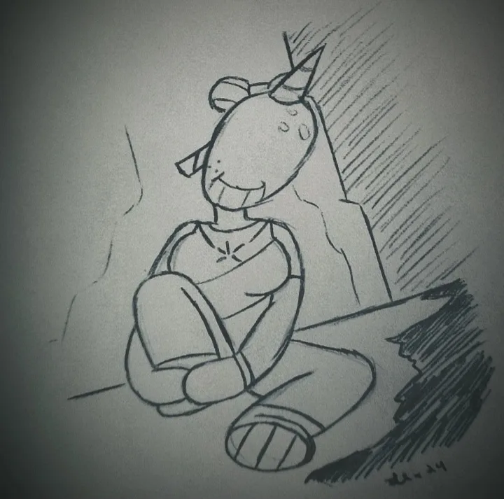 A hand-drawn sketch of a cartoonish unicorn with a sad, teary-eyed expression, sitting on the ground with its arms wrapped…