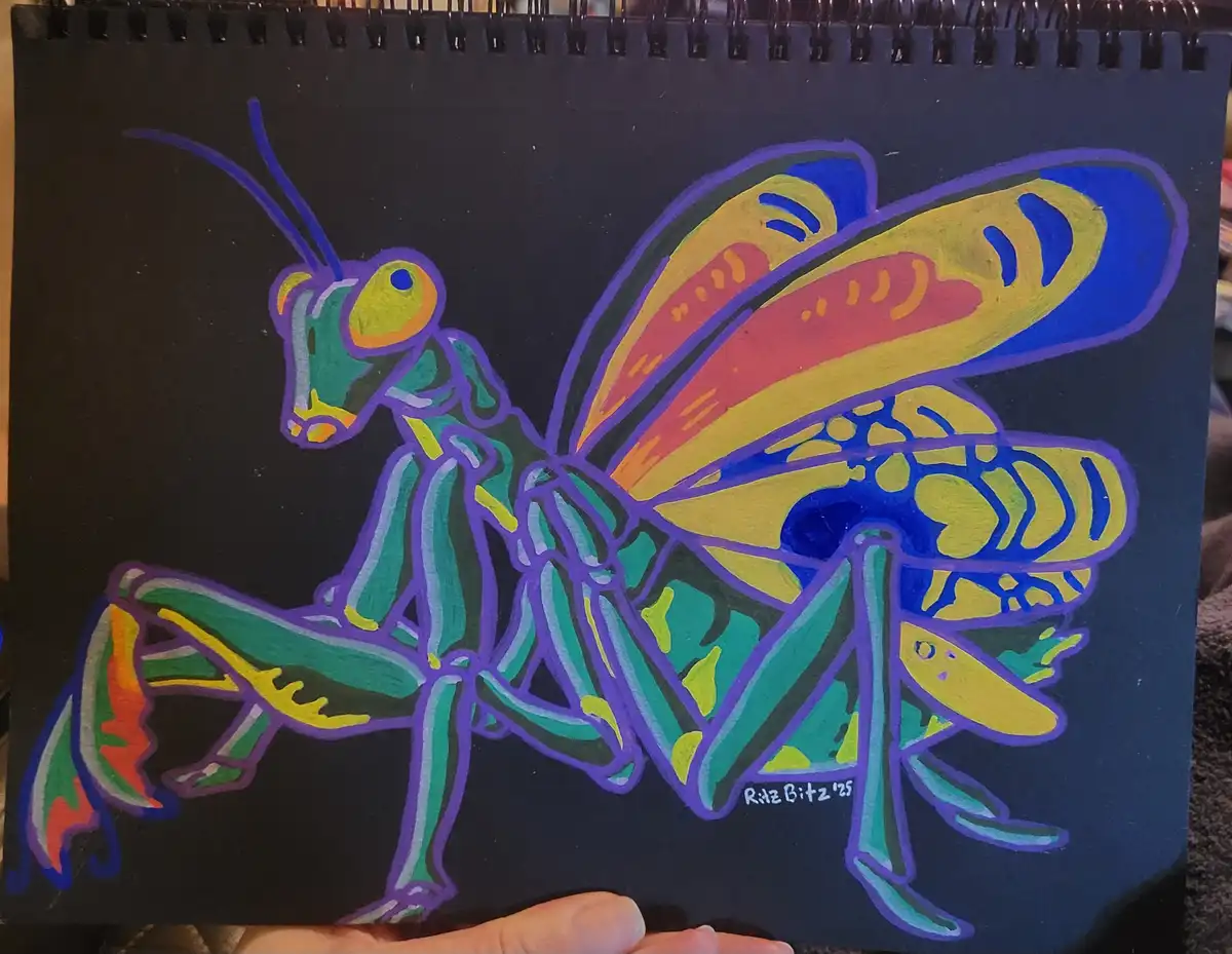 A hand holds up a black spiral-bound sketchbook displaying a vibrant, stylized painting of a praying mantis with bold purple…